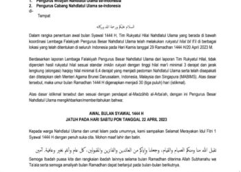 PBNU : Berdasarkan Hasil Rukyatul Hilal Syawal Jatuh Pada Hari Sabtu, 22 April 2023