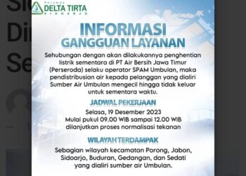 Sejumlah Wilayah Aliran PDAM Sidoarjo Akan Dimatikan Sementara