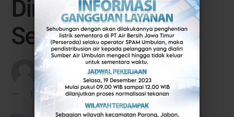 Sejumlah Wilayah Aliran PDAM Sidoarjo Akan Dimatikan Sementara