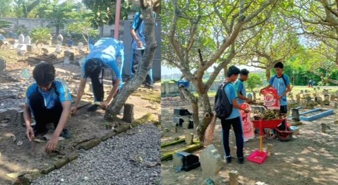Sambut Bulan Ramadhan, SMK Senopati Sidoarjo Gelar Kerja Bakti Bersih Makam Desa
