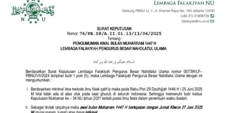 PBNU Tetapkan 1 Muharram 1447 H Jatuh pada 27 Juni 2025