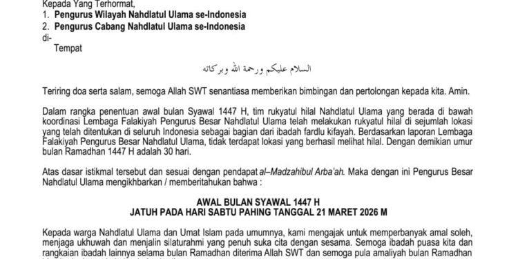 PBNU Tetapkan Hari Raya Idul Fitri 1447H Pada Sabtu, 21 Maret 2026